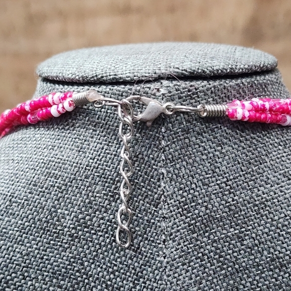 Vibrant Pink Floral Pendant Necklace with Beaded Strands, Eclectic Boho Chic - Picture 5 of 9